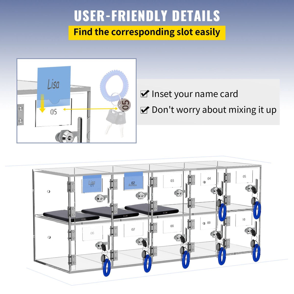 Cell Phone Storage Locker, 10 Slots Acrylic Material with Door Locks and Keys, Wall-Mounted Cabinet Pocket Office Classroom Gym Box, Clear