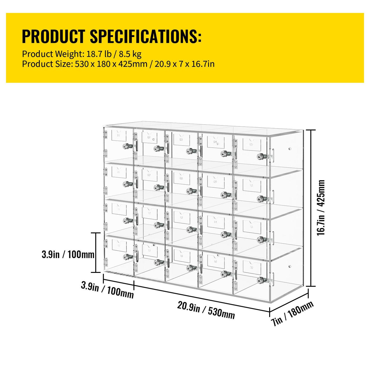 Cell Phone Storage Locker, 20 Slots Acrylic Material with Door Locks and Keys, Wall-Mounted Cabinet Pocket Office Classroom Gym Box, Clear