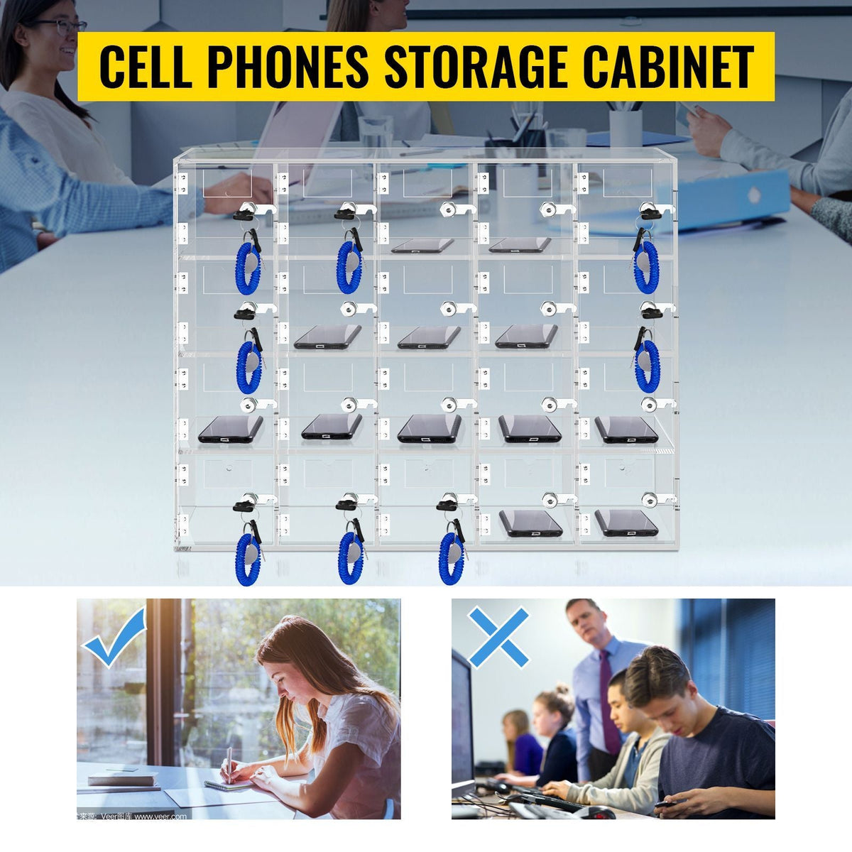 Cell Phone Storage Locker, 20 Slots Acrylic Material with Door Locks and Keys, Wall-Mounted Cabinet Pocket Office Classroom Gym Box, Clear