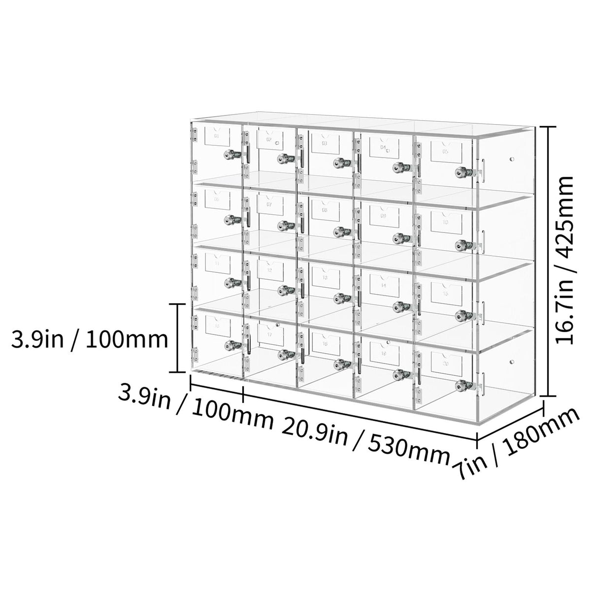 Cell Phone Storage Locker, 20 Slots Acrylic Material with Door Locks and Keys, Wall-Mounted Cabinet Pocket Office Classroom Gym Box, Clear