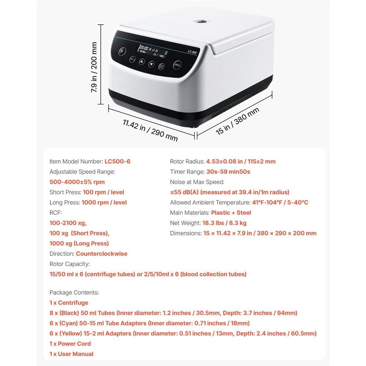 Centrifuge Machine, 100-2100xg RCF Electric Laboratory Centrifuge Machine with 1 Rotor for 2/5/10/15/50ml Tube Capacity, Low Speed 500-4000rpm with Timer, Widely Used in Various Experiments