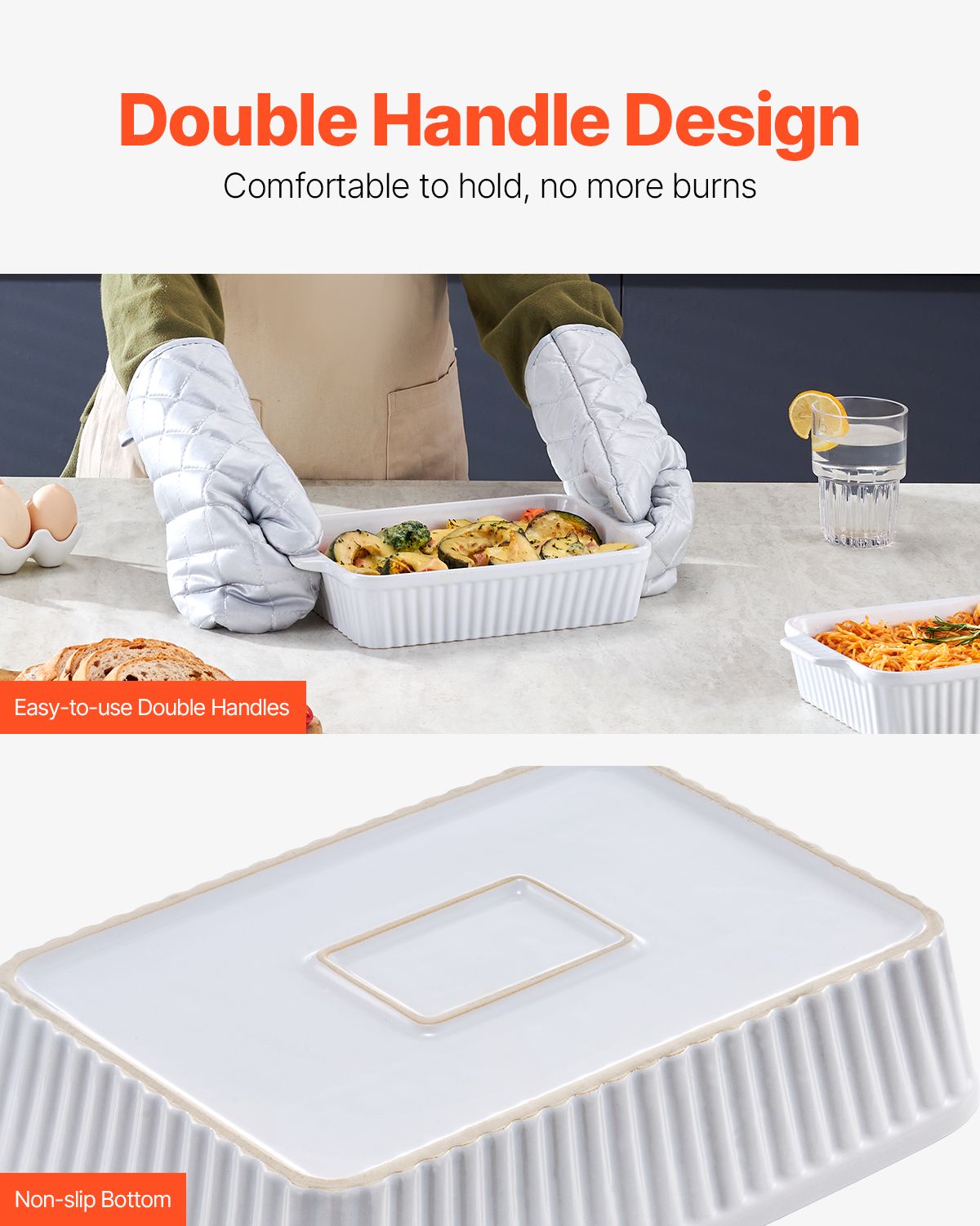 Ceramic Baking Dish, 7" x 11", Bakeware Set of 2, Rectangular Casserole Dish Set, Baking Pans with Handles, Oven Secure, Lasagna Pans Deep for Cooking, Thanksgiving & Christmas Present, White