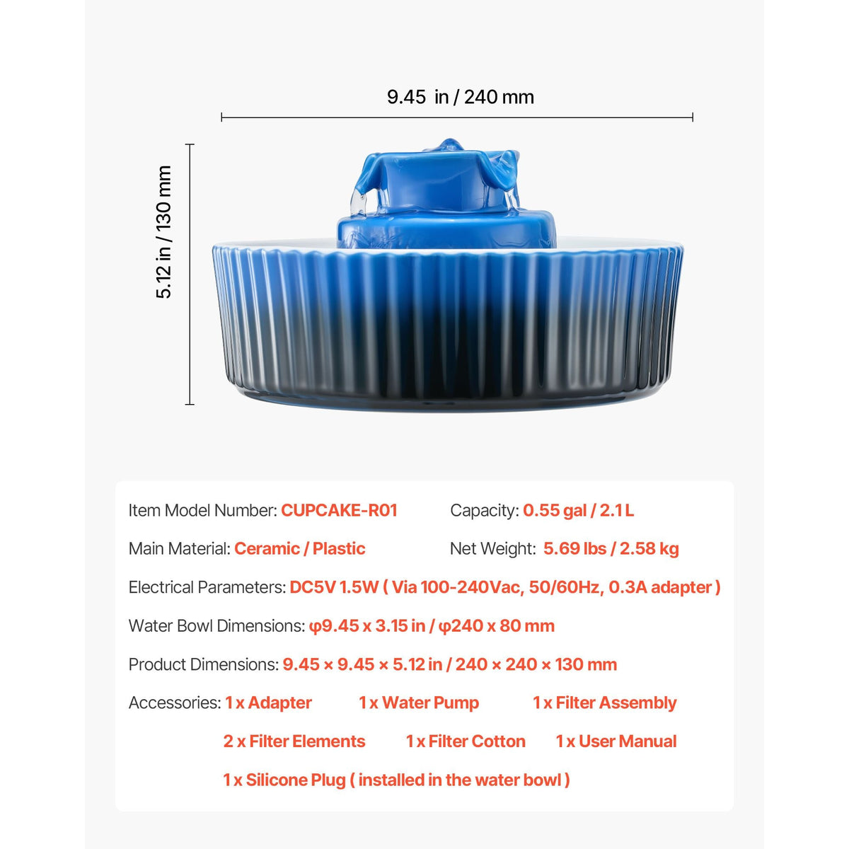 Ceramic Cat Water Fountain, 2.1L/71oz Cupcake Pet Fountain, Porcelain Cat Water Dispenser with Ultra-Quiet Pump, 360° Drinking Area and Multi-Layer Filtration System, for Cats and Dogs (Blue)