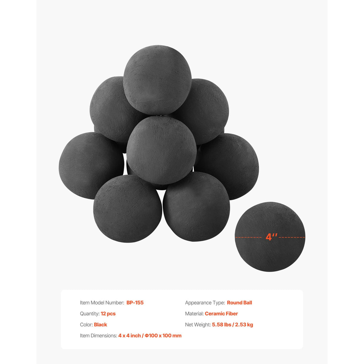 Ceramic Fire Balls, 4 Inch 12 Pcs Round Fire Stones, Reusable Lava Rocks Indoor and Outdoor Use, Decorative Fire Pit Rocks for Propane/Gas Fireplace, Stove, Courtyard, Camping, Black