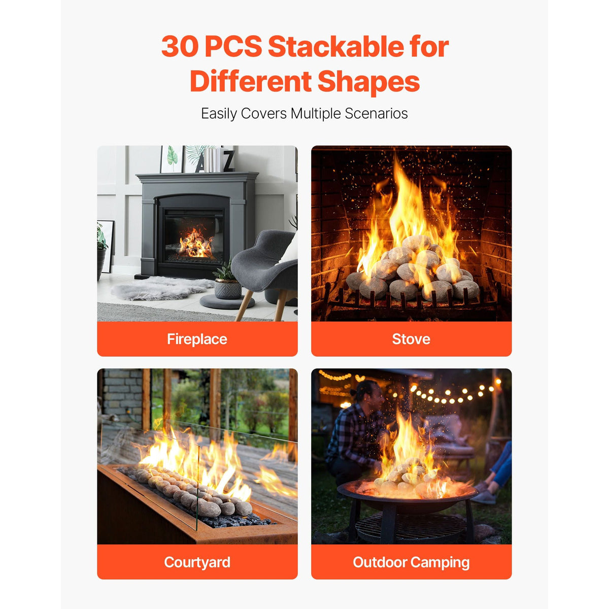 Ceramic Fire Pebble Stones, 2-3 inch 30 Pcs Lava Rocks, Reusable Fire Pit Stones Indoor and Outdoor Use, Decorative Firepit Stone for Propane/Gas Fireplace, Stove, Courtyard, Camping