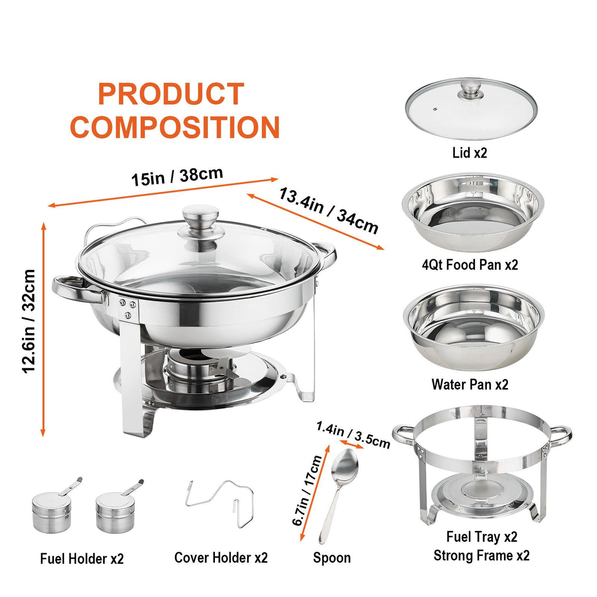 Chafing Dish Buffet Set, 4 Qt 2 Pack, Stainless Steel Chafer with 2 Full Size Pans, Round Catering Warmer Server with Vented Glass Lid Water Pan Stand Fuel Holder Hook Spoon, at Least 4 People E