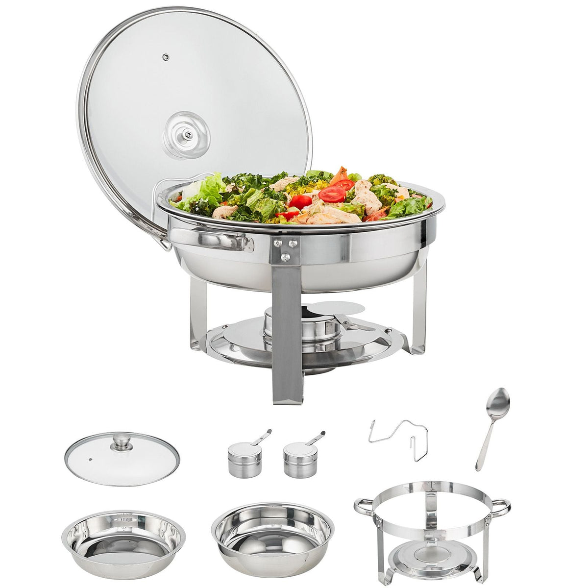 Chafing Dish Buffet Set, 4 Qt 2 Pack, Stainless Steel Chafer with 2 Full Size Pans, Round Catering Warmer Server with Vented Glass Lid Water Pan Stand Fuel Holder Hook Spoon, at Least 4 People E