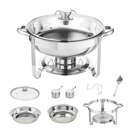 Chafing Dish Buffet Set, 4 Qt 2 Pack, Stainless Steel Chafer with 2 Full Size Pans, Round Catering Warmer Server with Vented Glass Lid Water Pan Stand Fuel Holder Hook Spoon, at Least 4 People E