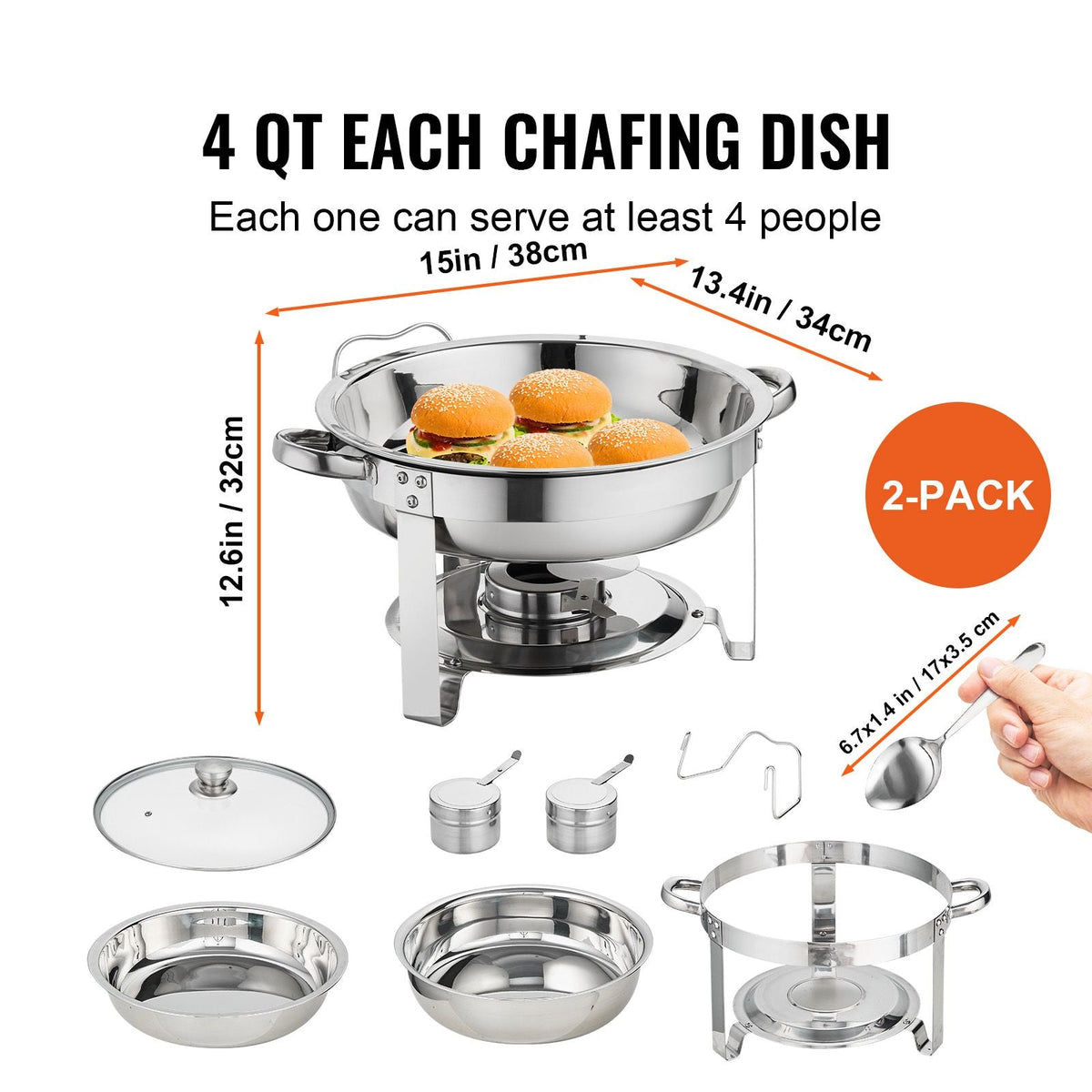 Chafing Dish Buffet Set, 4 Qt 2 Pack, Stainless Steel Chafer with 2 Full Size Pans, Round Catering Warmer Server with Vented Glass Lid Water Pan Stand Fuel Holder Hook Spoon, at Least 4 People E