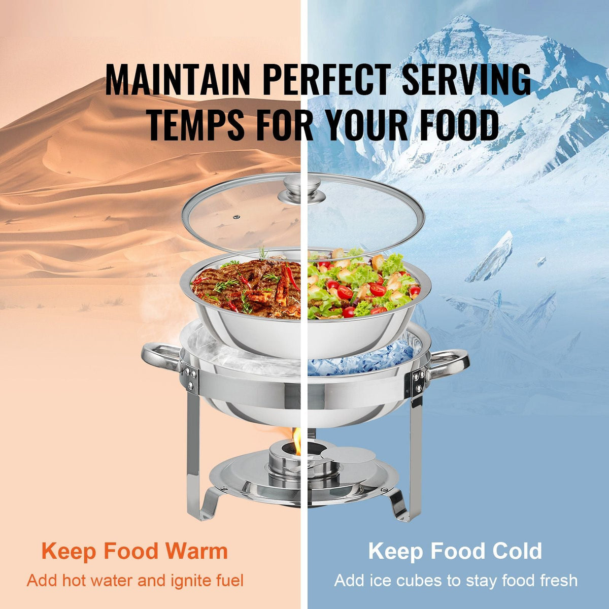 Chafing Dish Buffet Set, 4 Qt 2 Pack, Stainless Steel Chafer with 2 Full Size Pans, Round Catering Warmer Server with Vented Glass Lid Water Pan Stand Fuel Holder Hook Spoon, at Least 4 People E