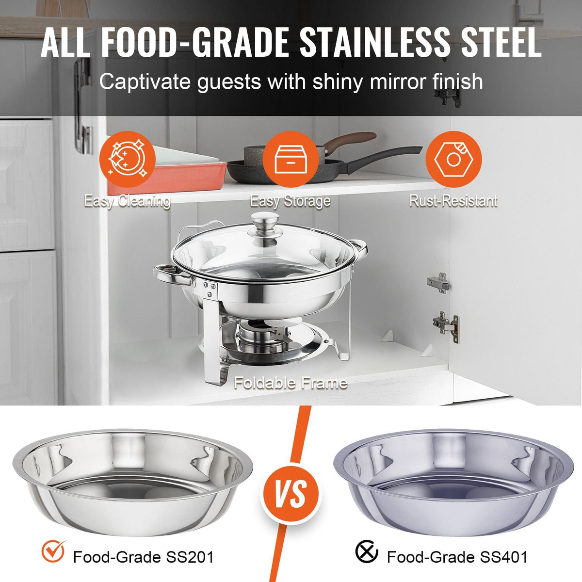 Chafing Dish Buffet Set, 4 Qt 2 Pack, Stainless Steel Chafer with 2 Full Size Pans, Round Catering Warmer Server with Vented Glass Lid Water Pan Stand Fuel Holder Hook Spoon, at Least 4 People E