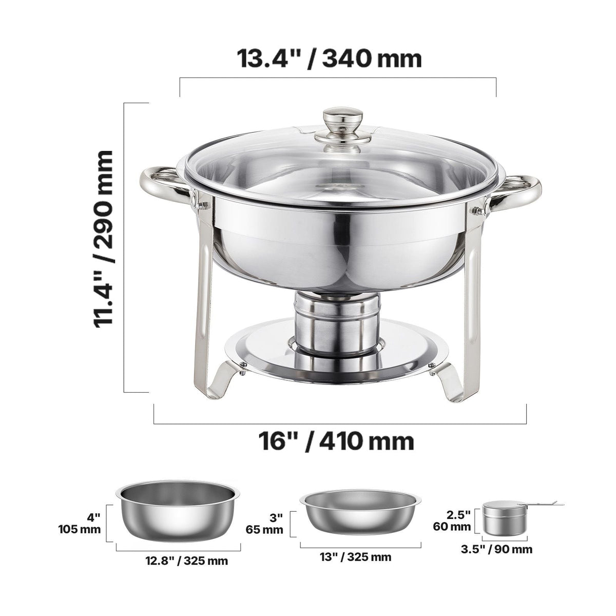 Chafing Dish Buffet Set, 5 Qt 2 Pack, Stainless Steel Chafer with 2 Full Size Pan, Round Catering Warmer Server with Glass Lid Water Pan Folding Stand Fuel Holder, Silver