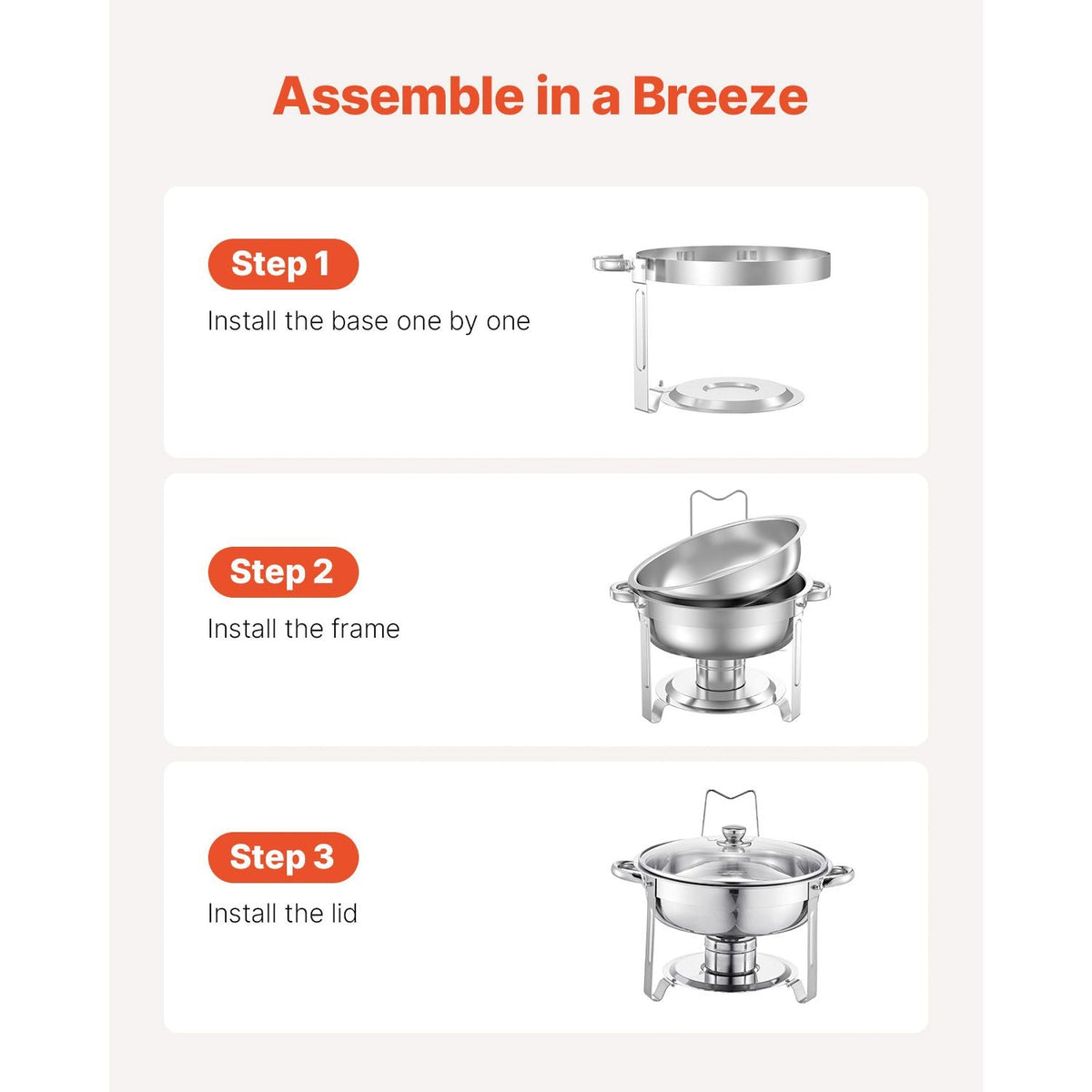 Chafing Dish Buffet Set, 5 Qt 4 Pack, Stainless Steel Chafer with 4 Full Size Pan, Round Catering Warmer Server with Glass Lid Water Pan Folding Stand Fuel Holder, for Wedding Party Banquet
