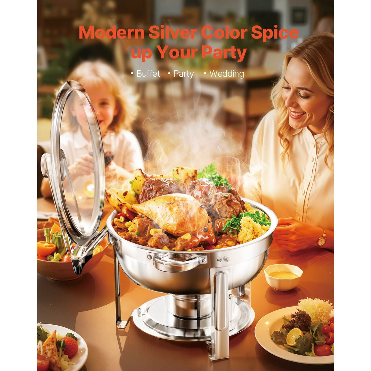 Chafing Dish Buffet Set, 5 Qt 4 Pack, Stainless Steel Chafer with 4 Full Size Pan, Round Catering Warmer Server with Glass Lid Water Pan Folding Stand Fuel Holder, for Wedding Party Banquet