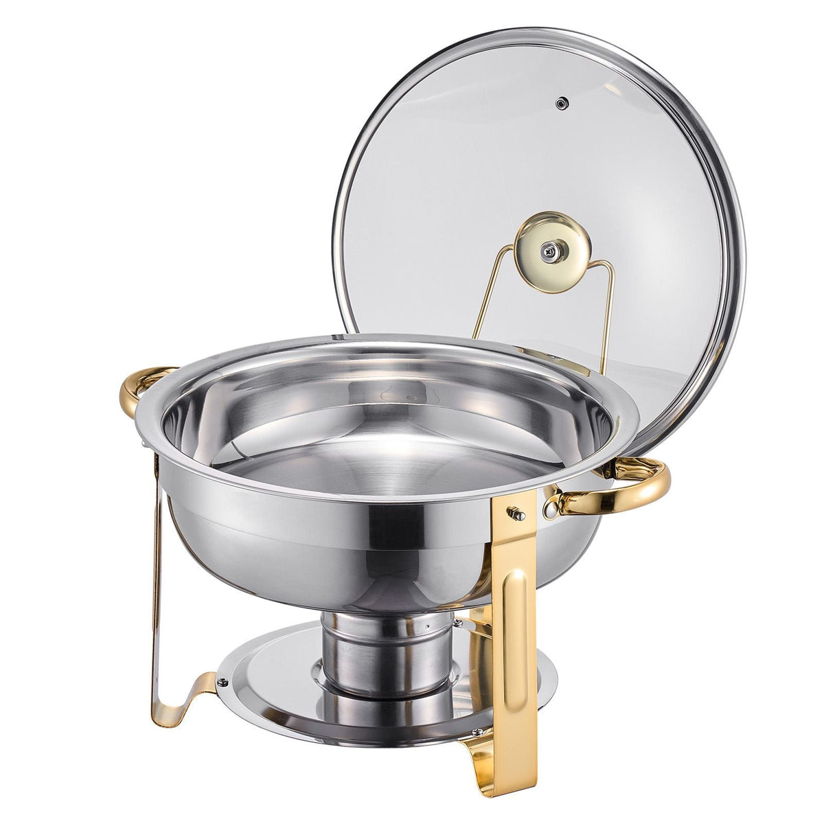 Chafing Dish Buffet Set, 5 Qt 4 Pack, Stainless Steel Chafer with 4 Full Size Pan, Round Catering Warmer Server with Glass Lid Water Pan Folding Stand Fuel Holder, Gold