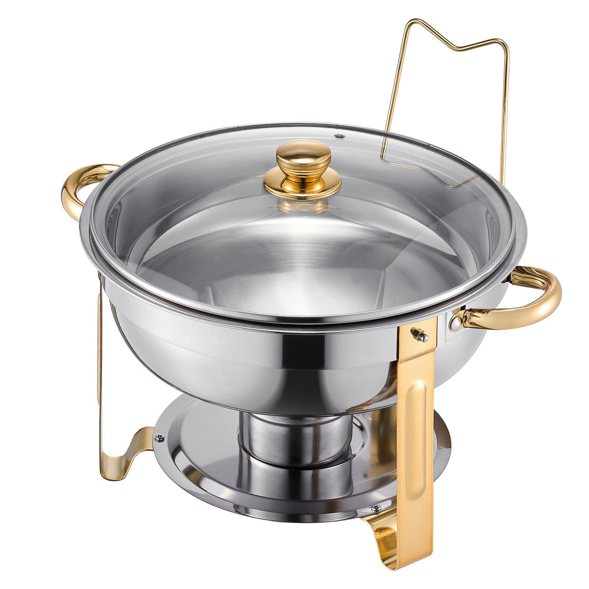 Chafing Dish Buffet Set, 5 Qt 4 Pack, Stainless Steel Chafer with 4 Full Size Pan, Round Catering Warmer Server with Glass Lid Water Pan Folding Stand Fuel Holder, Gold