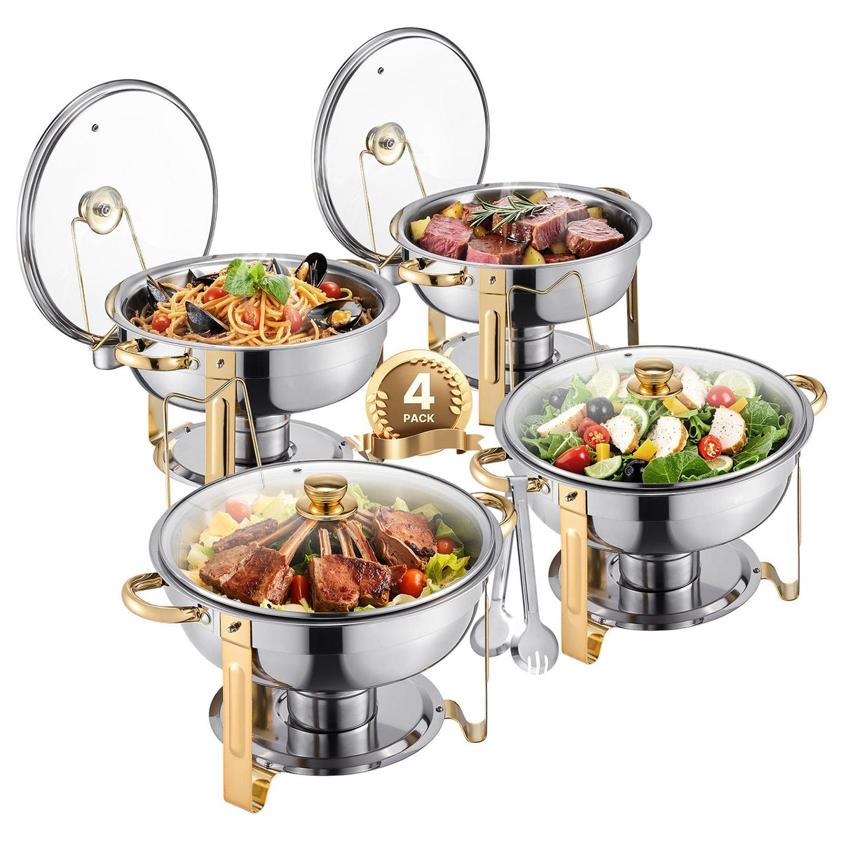 Chafing Dish Buffet Set, 5 Qt 4 Pack, Stainless Steel Chafer with 4 Full Size Pan, Round Catering Warmer Server with Glass Lid Water Pan Folding Stand Fuel Holder, Gold