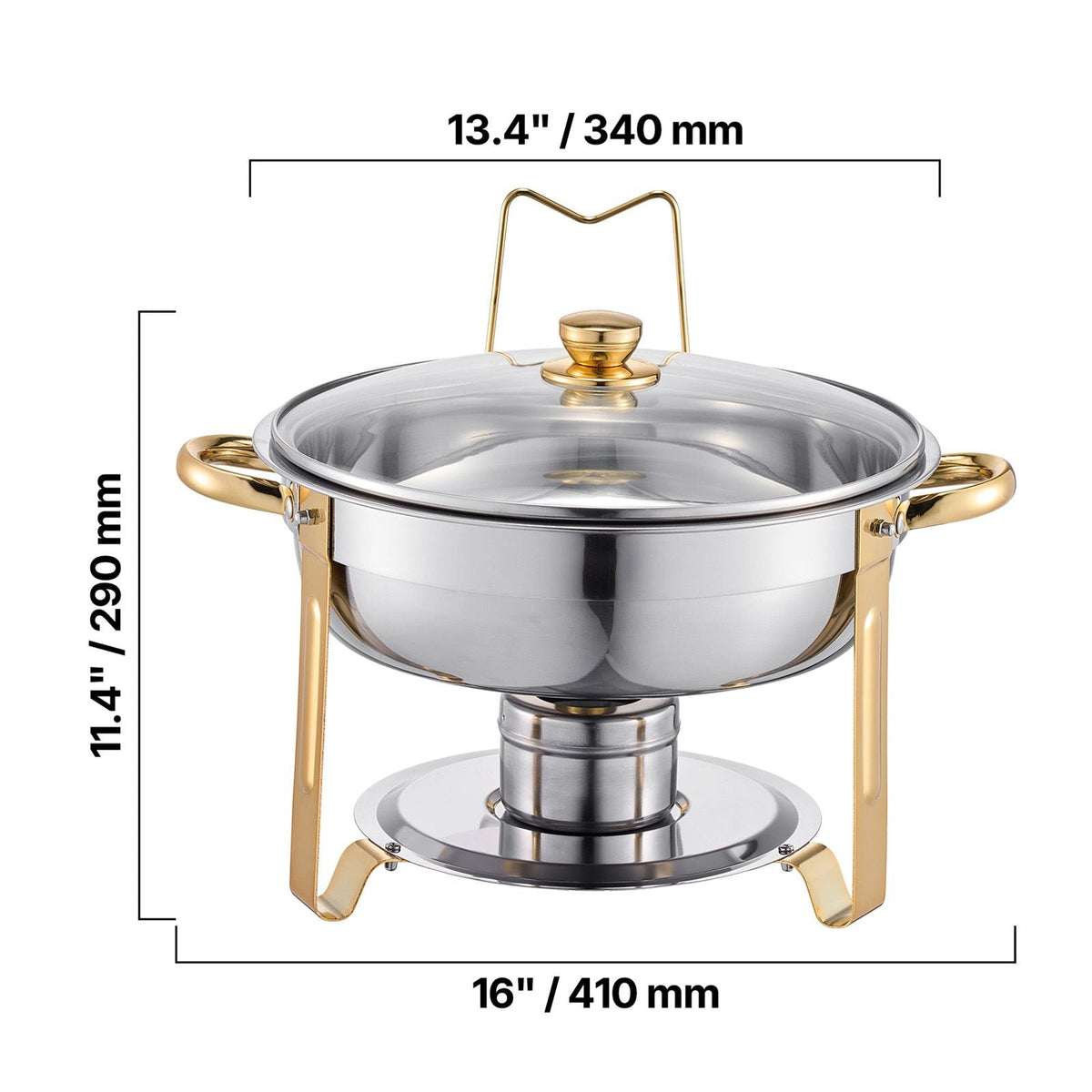 Chafing Dish Buffet Set, 5 Qt 4 Pack, Stainless Steel Chafer with 4 Full Size Pan, Round Catering Warmer Server with Glass Lid Water Pan Folding Stand Fuel Holder, Gold