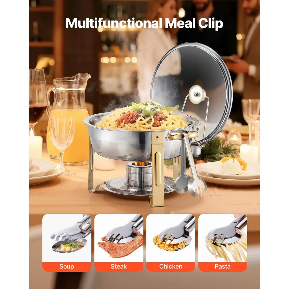 Chafing Dish Buffet Set, 5 Qt 4 Pack, Stainless Steel Chafer with 4 Full Size Pan, Round Catering Warmer Server with Glass Lid Water Pan Folding Stand Fuel Holder, Gold