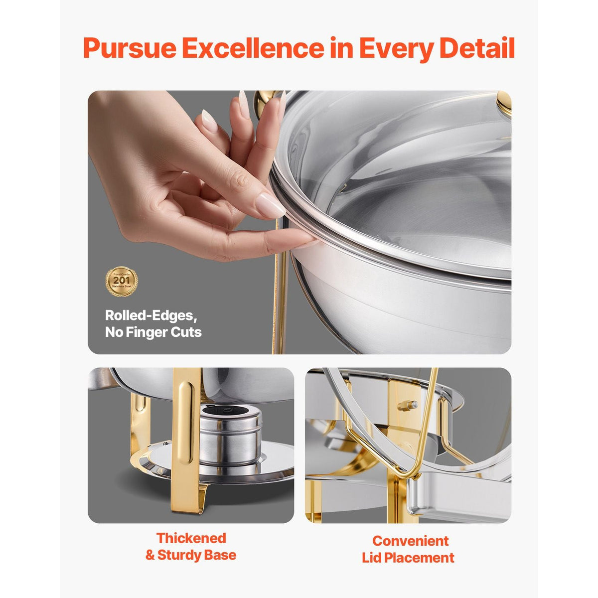 Chafing Dish Buffet Set, 5 Qt 4 Pack, Stainless Steel Chafer with 4 Full Size Pan, Round Catering Warmer Server with Glass Lid Water Pan Folding Stand Fuel Holder, Gold