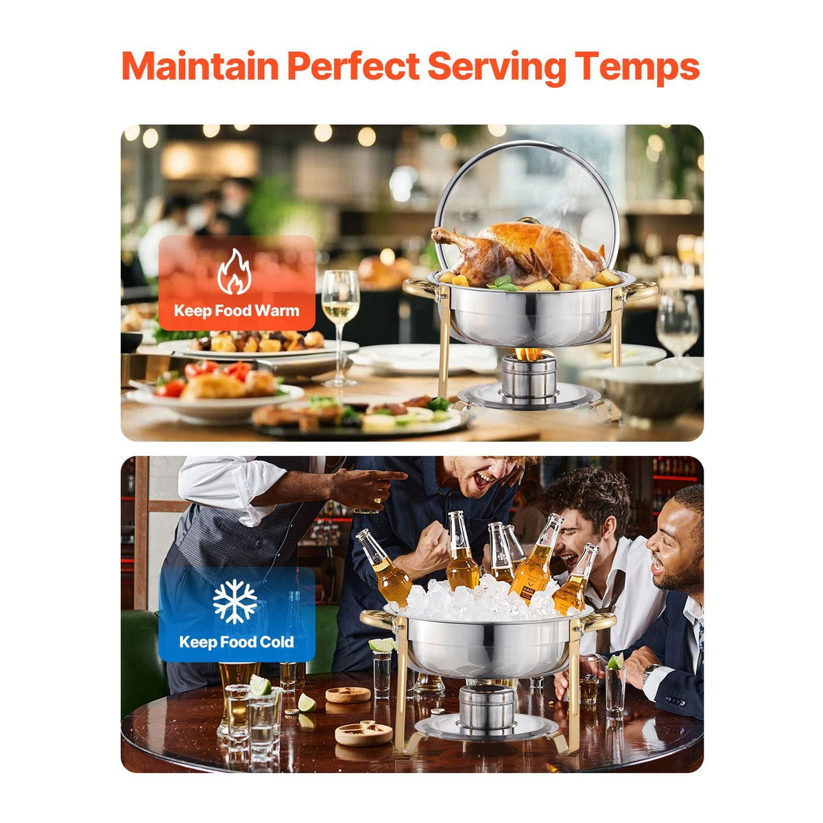 Chafing Dish Buffet Set, 5 Qt 4 Pack, Stainless Steel Chafer with 4 Full Size Pan, Round Catering Warmer Server with Glass Lid Water Pan Folding Stand Fuel Holder, Gold