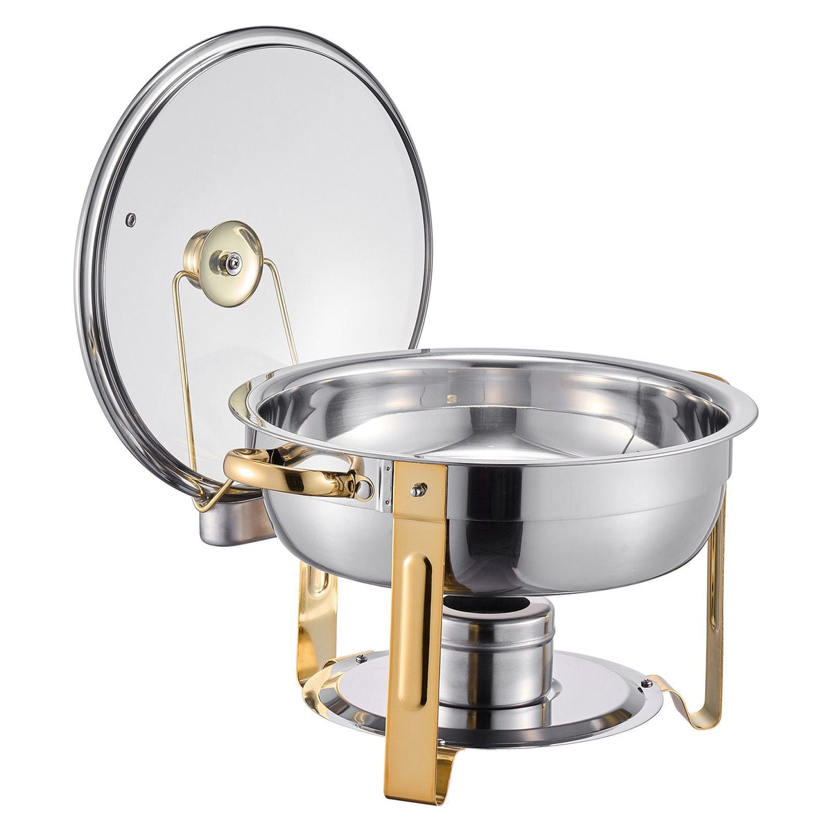 Chafing Dish Buffet Set, 5 Qt 4 Pack, Stainless Steel Chafer with 4 Full Size Pan, Round Catering Warmer Server with Glass Lid Water Pan Folding Stand Fuel Holder, Gold