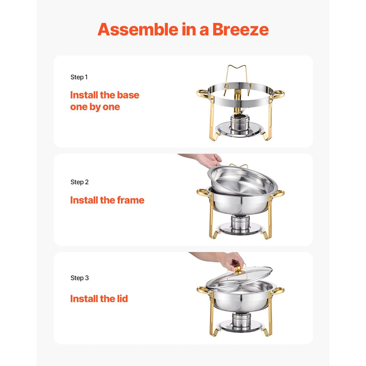 Chafing Dish Buffet Set, 5 Qt 4 Pack, Stainless Steel Chafer with 4 Full Size Pan, Round Catering Warmer Server with Glass Lid Water Pan Folding Stand Fuel Holder, Gold