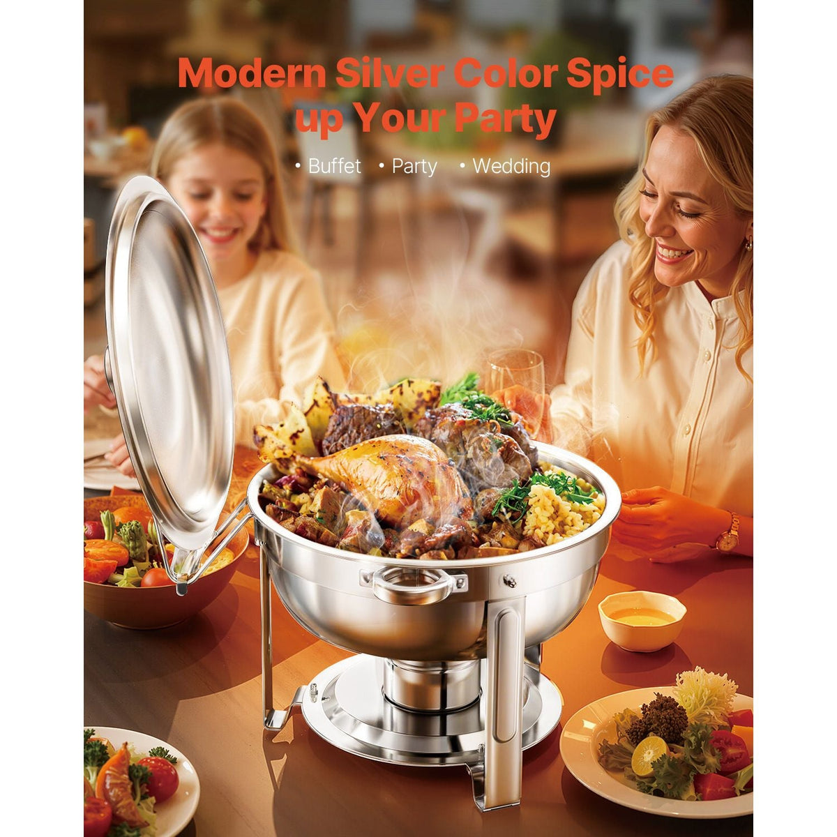 Chafing Dish Buffet Set, 5 Qt 4 Pack, Stainless Steel Chafer with 4 Full Size Pans, Round Catering Warmer Server with Lid Water Pan Folding Stand Clip, for Weddings Parties Banquets, Silver