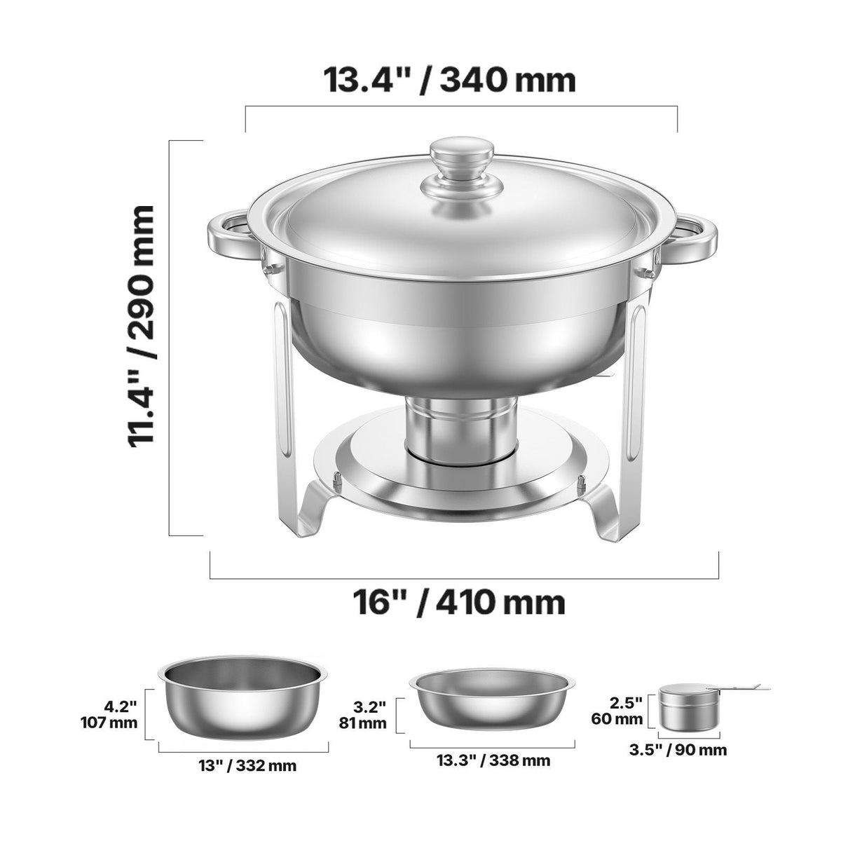 Chafing Dish Buffet Set, 5 Qt 4 Pack, Stainless Steel Chafer with 4 Full Size Pans, Round Catering Warmer Server with Lid Water Pan Folding Stand Clip, for Weddings Parties Banquets, Silver