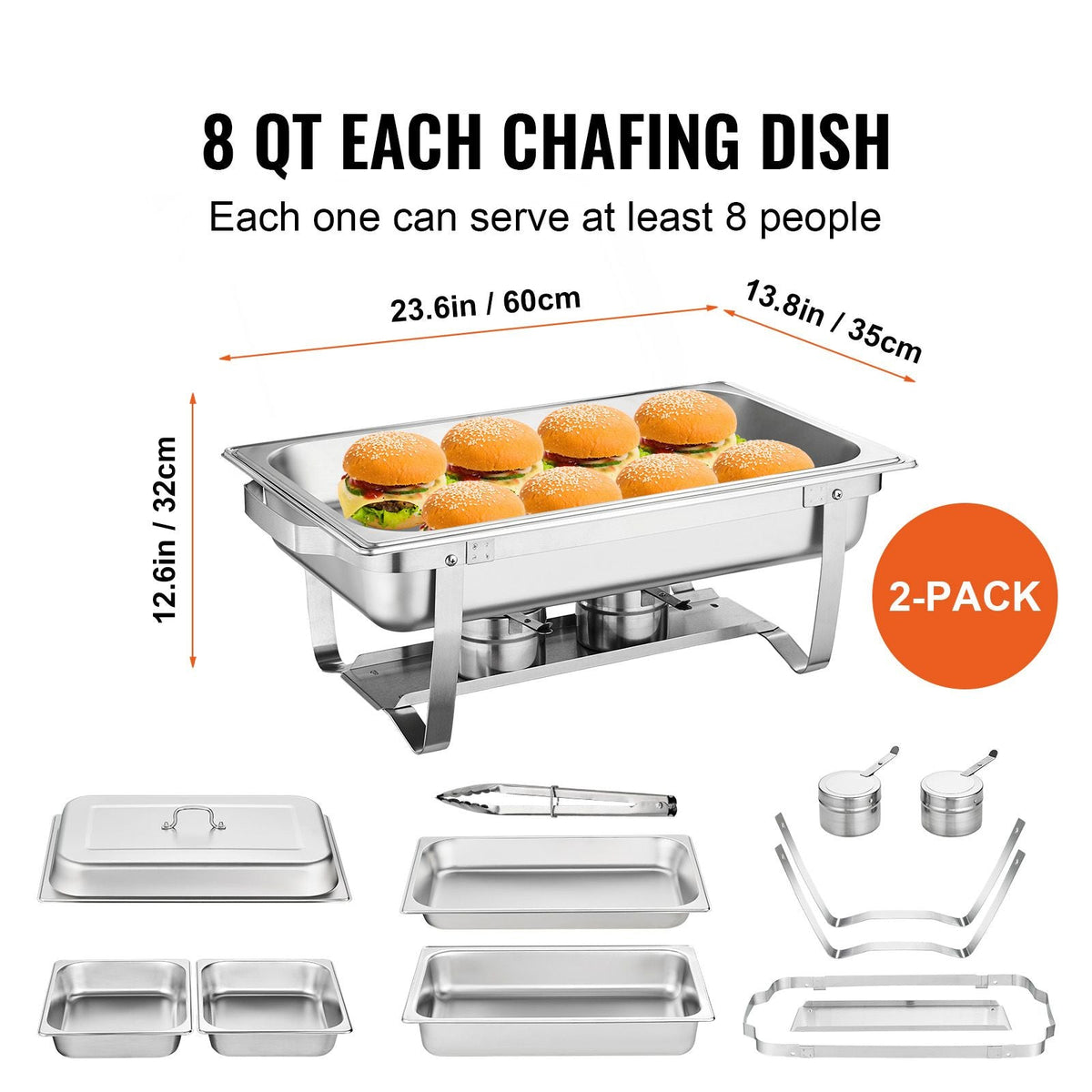Chafing Dish Buffet Set, 8 Qt 2 Pack, Stainless Chafer with 2 Full & 4 Half Size Pans, Rectangle Catering Warmer Server with Lid Water Pan Folding Stand Fuel Tray Holder Clip, at Least 8 People