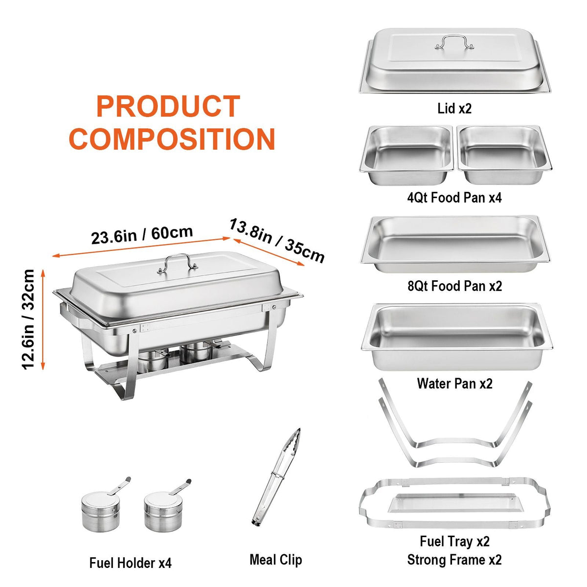 Chafing Dish Buffet Set, 8 Qt 2 Pack, Stainless Chafer with 2 Full & 4 Half Size Pans, Rectangle Catering Warmer Server with Lid Water Pan Folding Stand Fuel Tray Holder Clip, at Least 8 People
