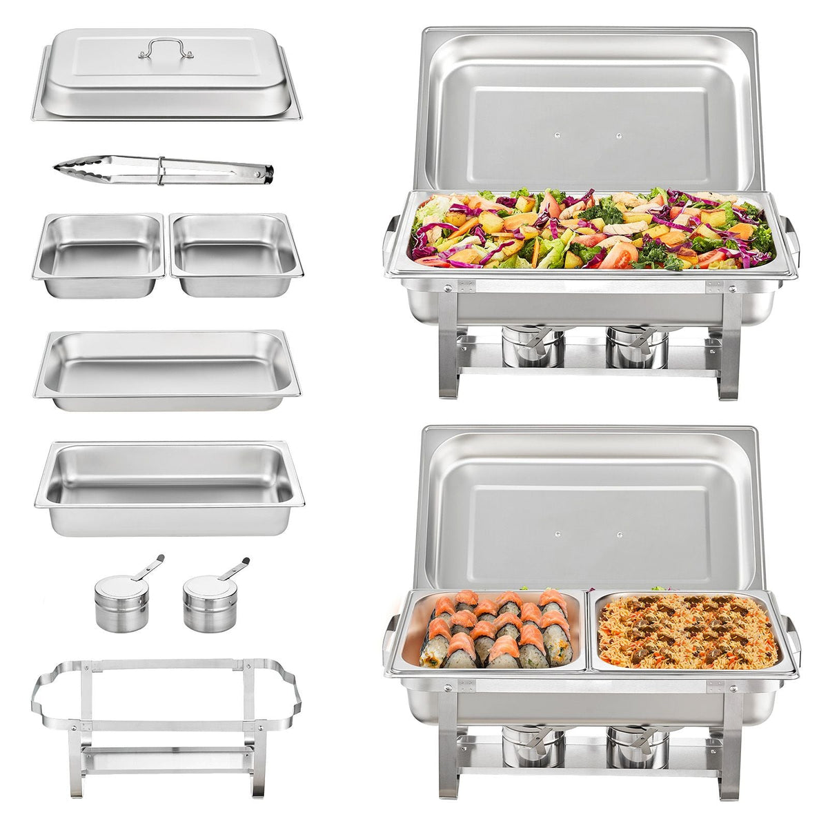 Chafing Dish Buffet Set, 8 Qt 2 Pack, Stainless Chafer with 2 Full & 4 Half Size Pans, Rectangle Catering Warmer Server with Lid Water Pan Folding Stand Fuel Tray Holder Clip, at Least 8 People