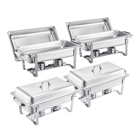 Chafing Dish Buffet Set, 8 Qt 4 Pack, Stainless Steel Chafer with 4 Full Size Pans, Rectangle Catering Warmer Server with Lid Water Pan Stand Fuel Holder, for Weddings Parties Banquets, Silver