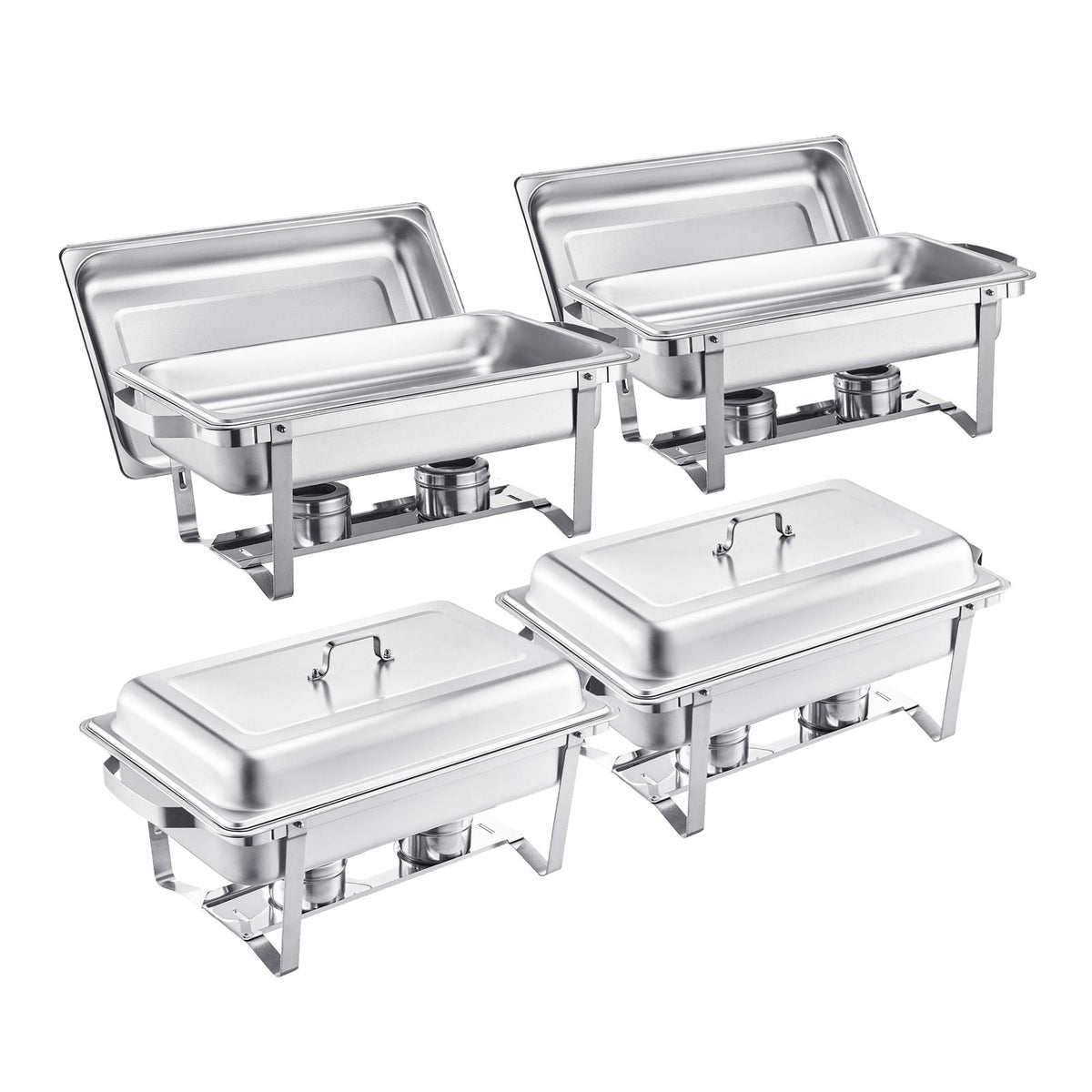 Chafing Dish Buffet Set, 8 Qt 4 Pack, Stainless Steel Chafer with 4 Full Size Pans, Rectangle Catering Warmer Server with Lid Water Pan Stand Fuel Holder, for Weddings Parties Banquets, Silver