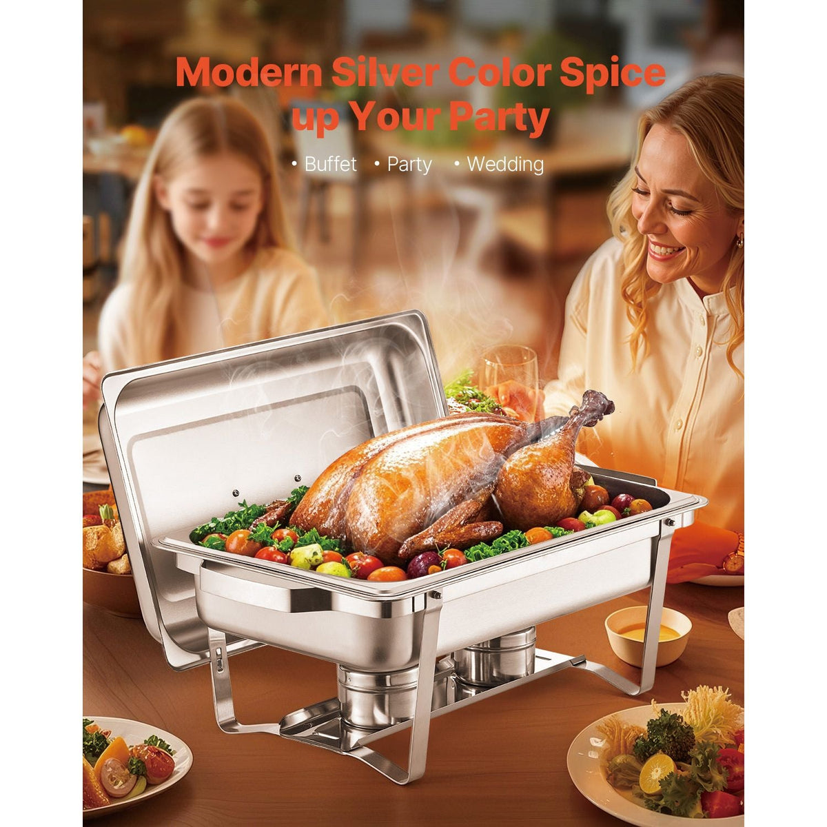 Chafing Dish Buffet Set, 8 Qt 4 Pack, Stainless Steel Chafer with 4 Full Size Pans, Rectangle Catering Warmer Server with Lid Water Pan Stand Fuel Holder, for Weddings Parties Banquets, Silver