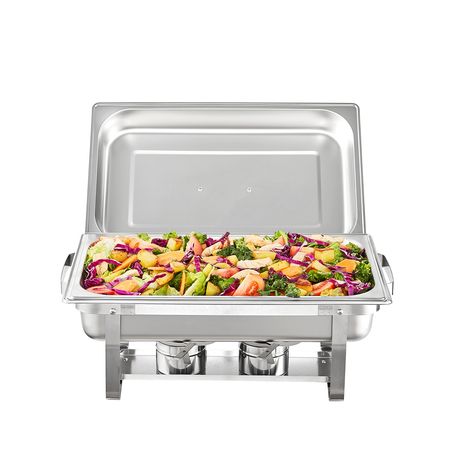 Chafing Dish Buffet Set, 8 Qt 6 Pack, Stainless Chafer with 6 Full Size Pans, Rectangle Catering Warmer Server with Lid Water Pan Folding Stand Fuel Holder Tray Spoon Clip, at Least 8 People Eac