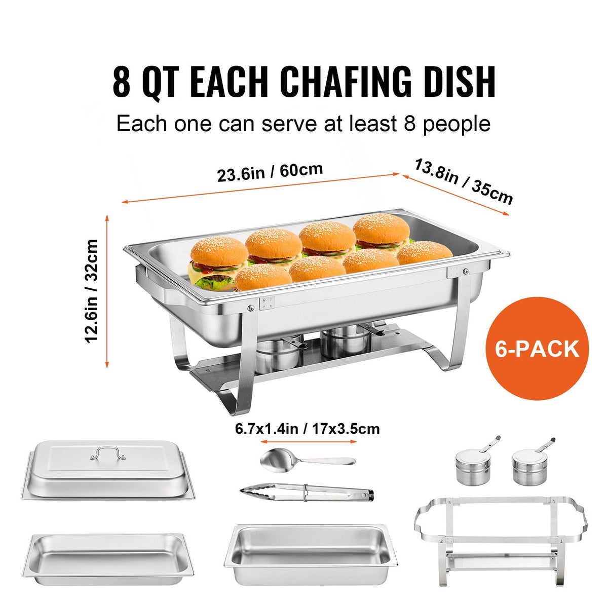 Chafing Dish Buffet Set, 8 Qt 6 Pack, Stainless Chafer with 6 Full Size Pans, Rectangle Catering Warmer Server with Lid Water Pan Folding Stand Fuel Holder Tray Spoon Clip, at Least 8 People Eac