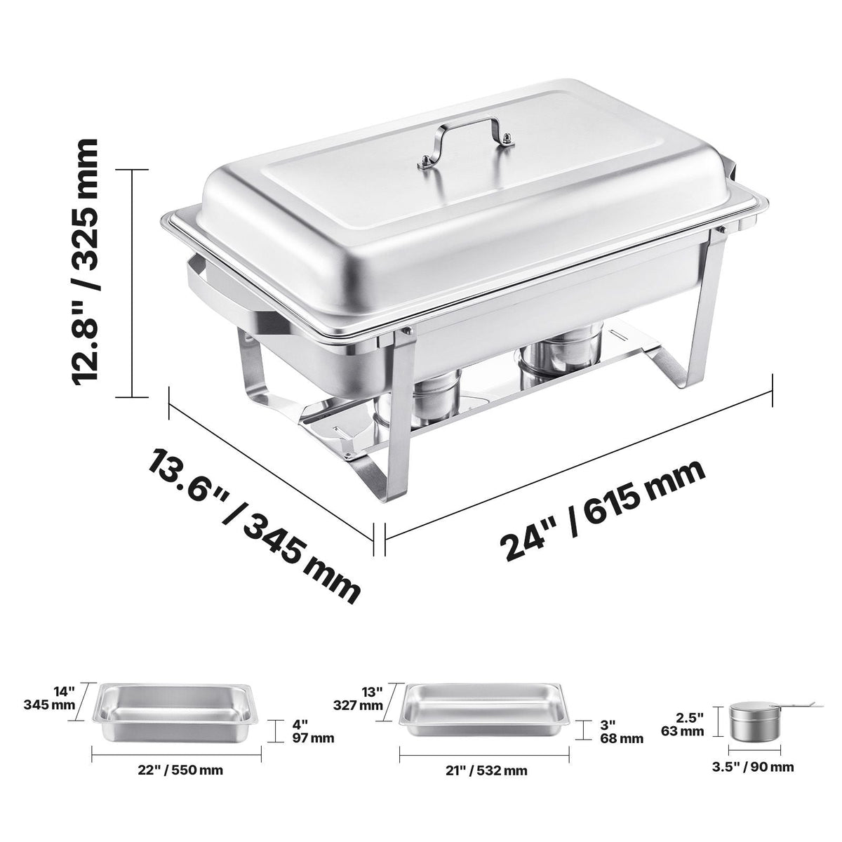 Chafing Dish Buffet Set, 8 Qt 6 Pack, Stainless Steel Chafer with 6 Full Size Pans, Rectangle Catering Warmer Server with Lid Water Pan Stand Fuel Holder, for Weddings Parties Banquets, Silver