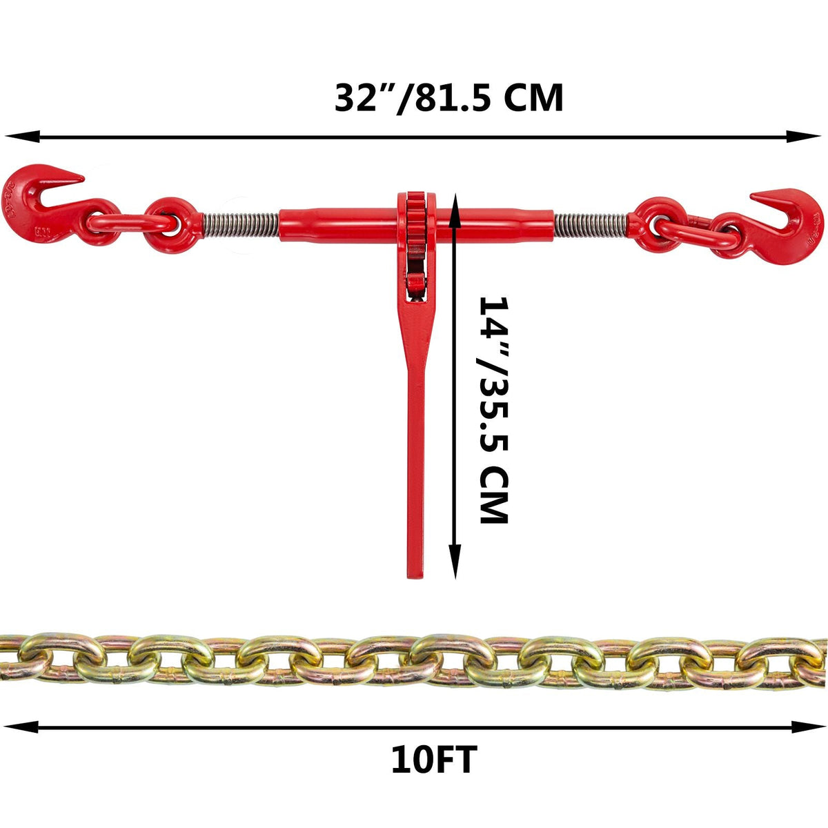 Chain and Binder Kit 3/8in-1/2in, Ratchet Load Binders 9215lbs Working Strength, Ratchet Binders and Chains, 3/8in x 10ft Chains with G70 Hooks, for Truck, Tie Down, Hauling, Towing