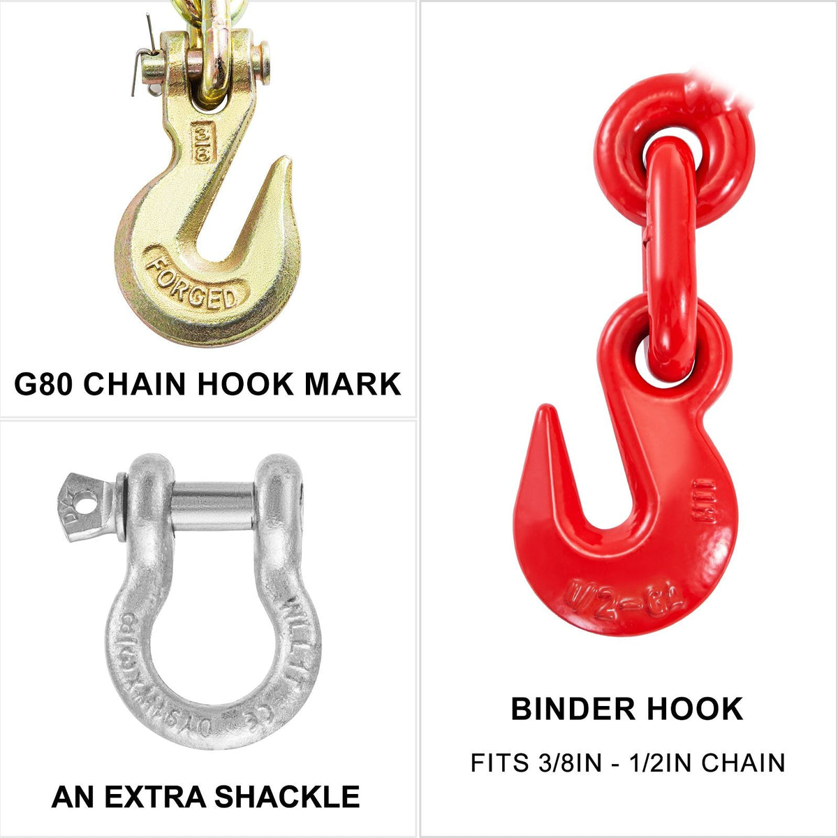 Chain and Binder Kit 3/8in-1/2in, Ratchet Load Binders 9215lbs Working Strength, Ratchet Binders and Chains, 3/8in x 10ft Chains with G70 Hooks, for Truck, Tie Down, Hauling, Towing