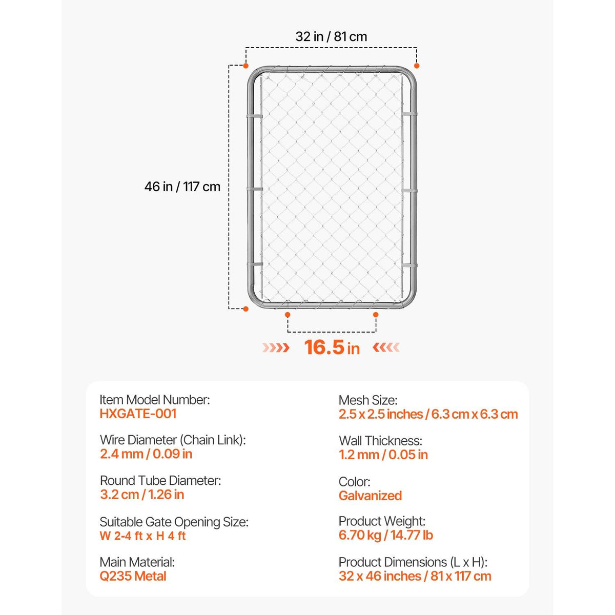 Chain Link Fence Gate, 32 x 46 in, Adjustable Chain Link Fence Panel, Fit 2-6 ft (W) x 4 ft (H) Garden Fence Gate Opening, Rust-Resistant Galvanized Fencing Gate for Farm Posts Not Included
