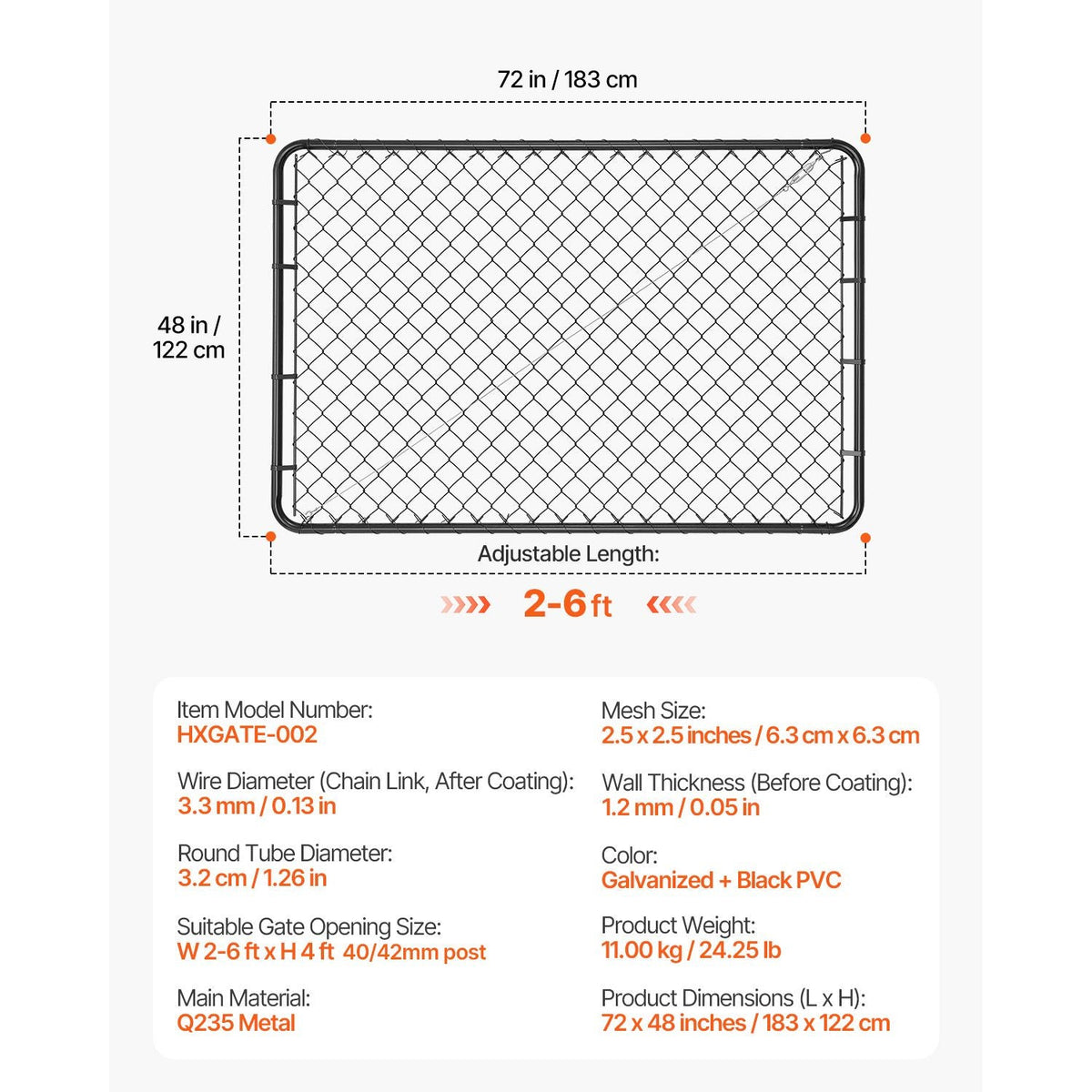 Chain Link Fence Gate, 72 x 48 in, Adjustable Chain Link Fence Panel, Fit 2.2-6 ft (W) x 6 ft (H) Garden Fence Gate Opening, Fencing Gate with Plastic Coating, for Farm Black, Posts Not Included