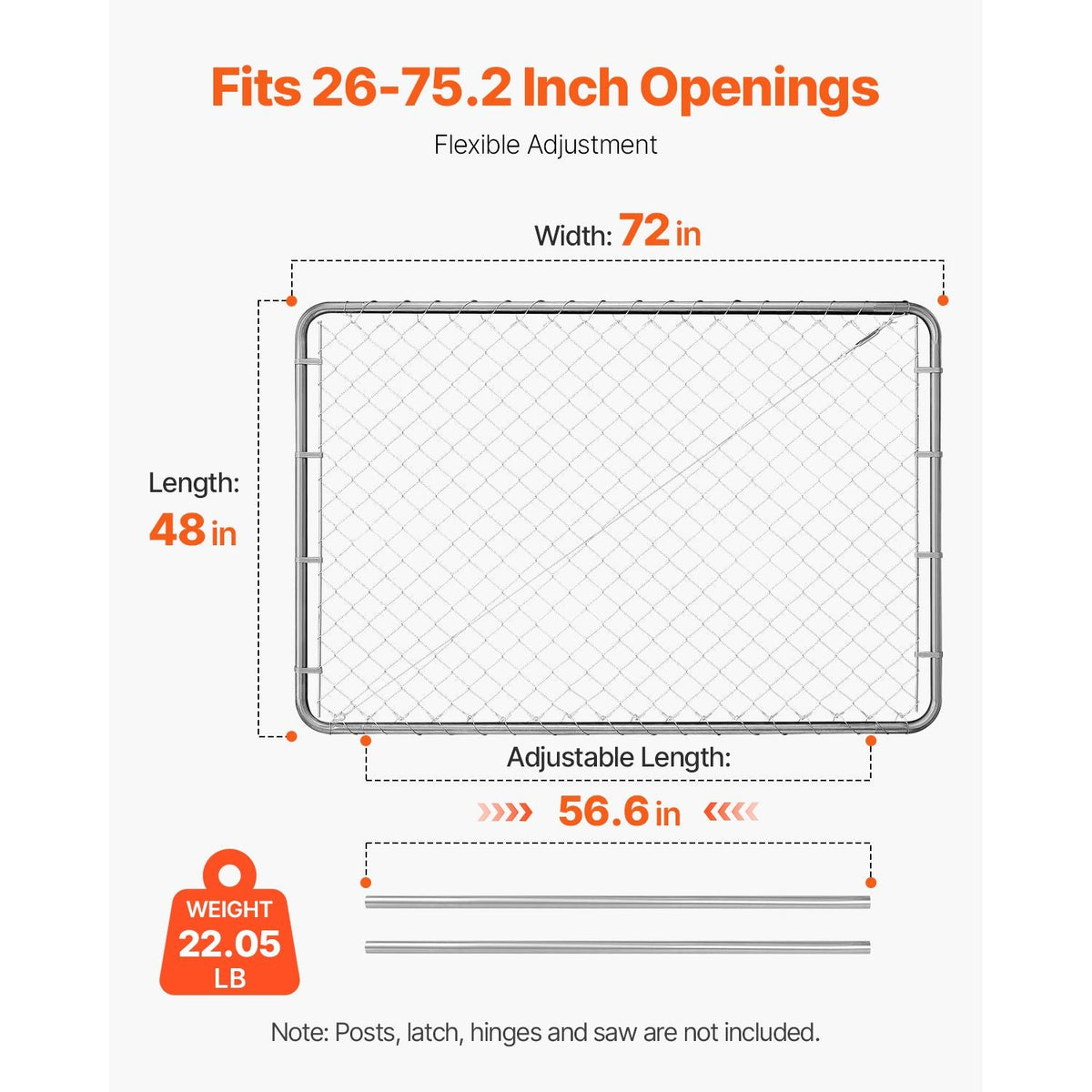 Chain Link Fence Gate, 72 x 48 in, Adjustable Chain Link Fence Panel, Fit 2.2-6 ft (W) x 6 ft (H) Garden Fence Gate Opening, Rust-Resistant Galvanized Fencing Gate for Farm, Posts Not Included