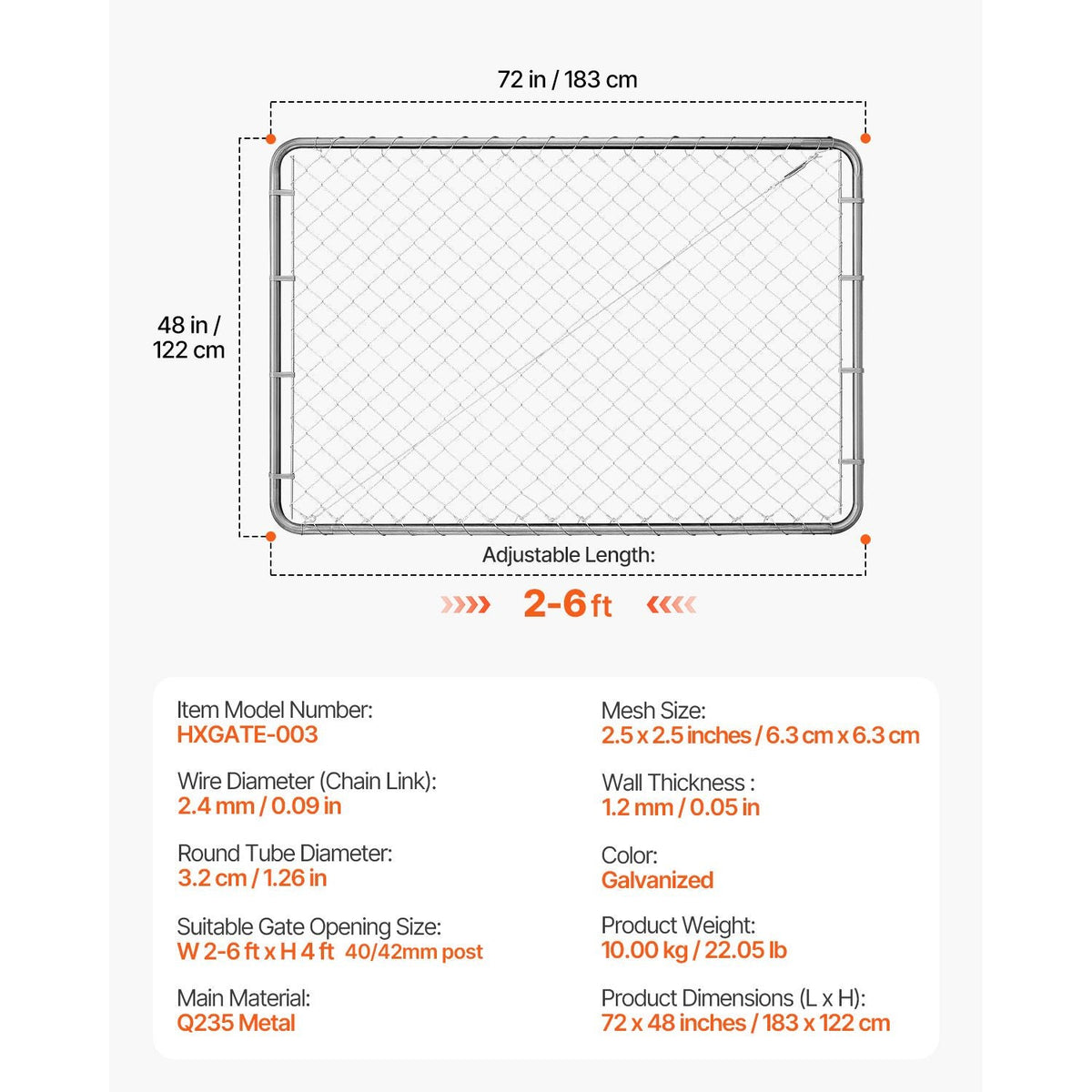 Chain Link Fence Gate, 72 x 48 in, Adjustable Chain Link Fence Panel, Fit 2.2-6 ft (W) x 6 ft (H) Garden Fence Gate Opening, Rust-Resistant Galvanized Fencing Gate for Farm, Posts Not Included