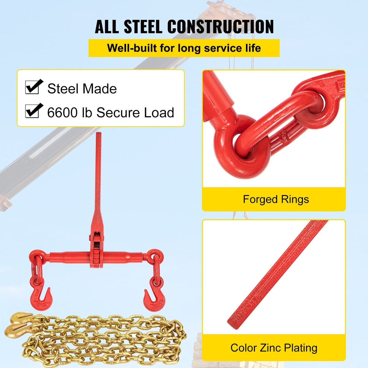 Chain Load Binder, 5/16\" Tie Down Kit with 5400LBS Working Load Capacity and Two Grab Hooks, Includes (4) Ratchet Binders - (4) 21\' Grade 80 Chains, Transport Load Package for Hauling, Towing
