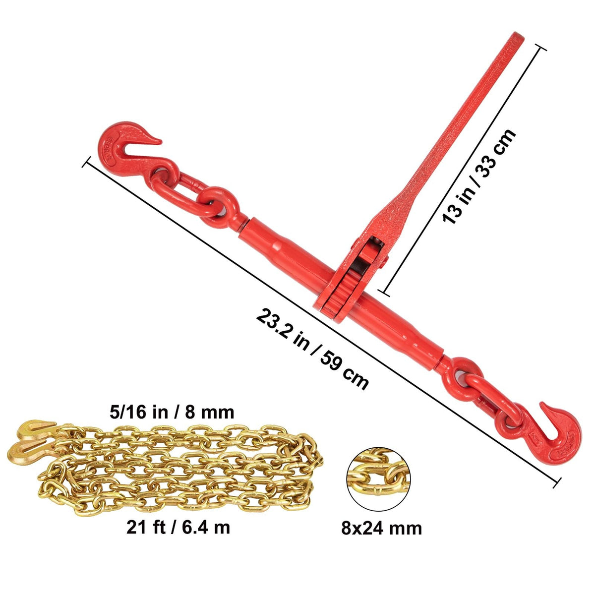 Chain Load Binder, 5/16\" Tie Down Kit with 5400LBS Working Load Capacity and Two Grab Hooks, Includes (4) Ratchet Binders - (4) 21\' Grade 80 Chains, Transport Load Package for Hauling, Towing