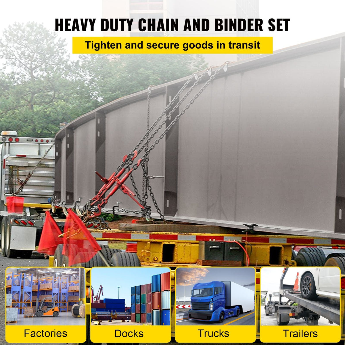Chain Load Binder, 5/16\" Tie Down Kit with 5400LBS Working Load Capacity and Two Grab Hooks, Includes (4) Ratchet Binders - (4) 21\' Grade 80 Chains, Transport Load Package for Hauling, Towing