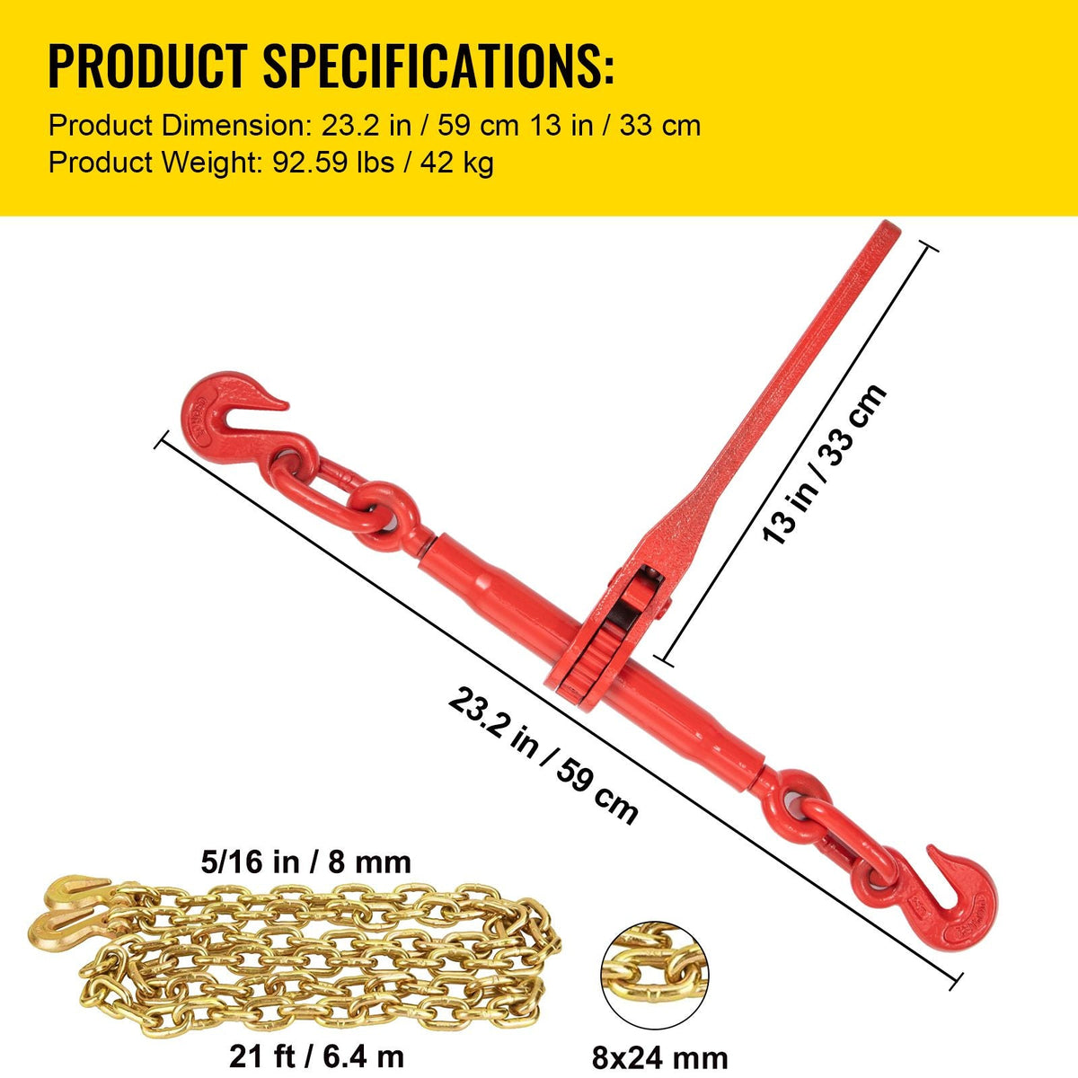 Chain Load Binder, 5/16\" Tie Down Kit with 5400LBS Working Load Capacity and Two Grab Hooks, Includes (4) Ratchet Binders - (4) 21\' Grade 80 Chains, Transport Load Package for Hauling, Towing
