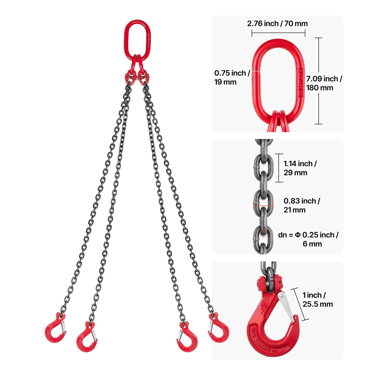 Chain Sling, 1/4 in x 5 ft Lifting Chains with 4 Leg Grab Hooks, Heavy Duty G80 Alloy Steel Lifting Sling, 6600LBS Capacity, Adjustable Engine Chain Hoist Lifts for Cargo Security Towing
