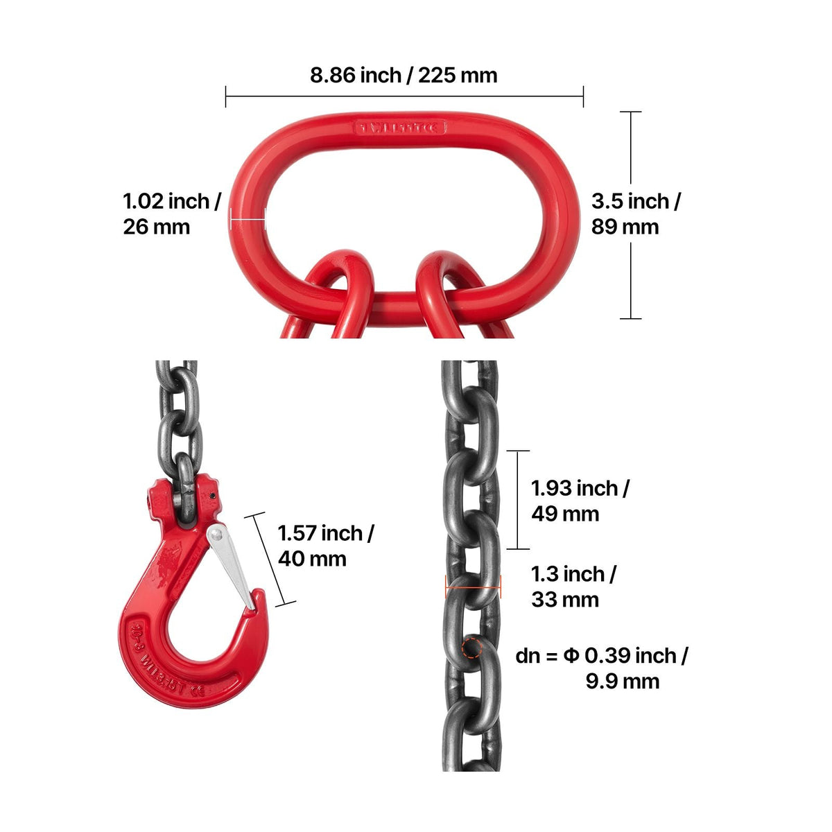Chain Sling, 3/8 in x 10 ft Lifting Chains with 4 Leg Grab Hooks, Heavy Duty G80 Alloy Steel Lifting Sling, 22900LBS Capacity, Adjustable Engine Chain Hoist Lifts for Cargo Security Towing